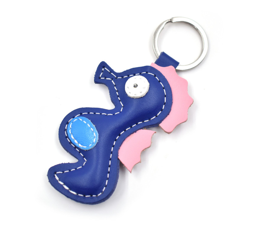 Blue Seahorse Leather Keychain