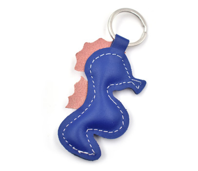 Blue Seahorse Leather Keychain